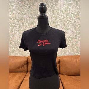 Lucky You Cherry Embroidered Y2K Baby Tee – Size L